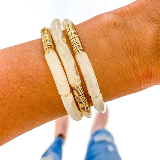 Bamboo Bracelet - Ivory Marble with Gold Discs (Small)